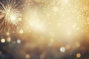 AI generated Gold Vintage Fireworks and bokeh on New Year's Eve and copy space. AI Generated photo