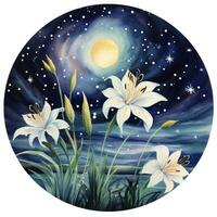 AI generated Watercolor fairy lilies blooming under a starry night sky on a white background. AI Generated photo