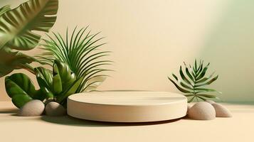 AI generated 3d rendered abstract empty display podium with leaves Minimal scene for product display presentation photo