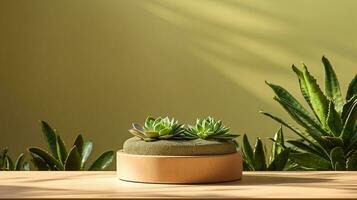 AI generated 3d rendered abstract empty display podium with leaves Minimal scene for product display presentation photo