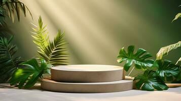 AI generated 3d rendered abstract empty display podium with leaves Minimal scene for product display presentation photo