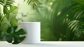 AI generated 3d rendered abstract empty display podium with leaves Minimal scene for product display presentation photo