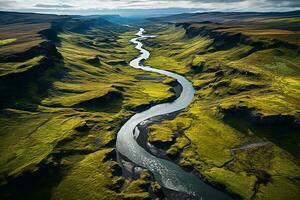 AI generated drone aerial birds eye view of a large green grass forest with tall trees and a big blue bendy river flowing through the forest photo