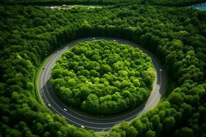 ai generado rotonda en el medio de un bosque circular la carretera rodeado por arboles foto