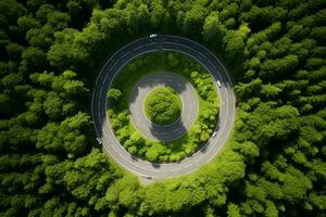 AI generated Roundabout in the middle of a forest Circular road surrounded by trees photo