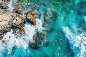 AI generated Top view aerial image from drone of an stunning beautiful sea landscape beach with turquoise water with copy space photo