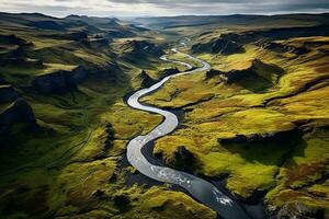 AI generated drone aerial birds eye view of a large green grass forest with tall trees and a big blue bendy river flowing through the forest photo