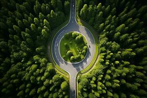 AI generated Roundabout in the middle of a forest Circular road surrounded by trees photo