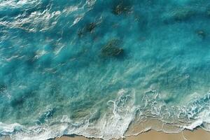 ai generado parte superior ver aéreo imagen desde zumbido de un maravilloso hermosa mar paisaje playa con turquesa agua con Copiar espacio foto