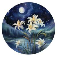 AI generated Watercolor fairy lilies blooming under a starry night sky on a white background. AI Generated photo