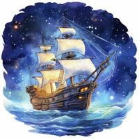 AI generated Night sea ship watercolor style for T-shirt design. AI Generated photo