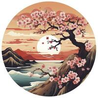 AI generated Cherry blossoms in the sunset background. Japanese tattoo style. AI Generated photo