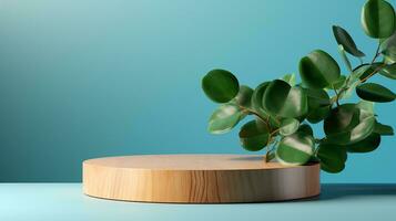 AI generated 3d rendered wooden empty display podium with leaves Minimal scene for product display presentation photo