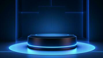 AI generated 3d rendered empty display glass podium with blue lights Minimal scene for product display presentation photo