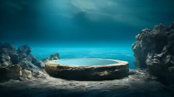 AI generated 3d rendered abstract empty display podium underwater made with stone Minimal scene for product display presentation photo