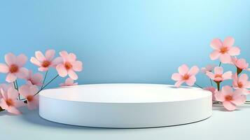 AI generated 3d rendered pastel empty display podium with flowers Minimal scene for product display presentation photo