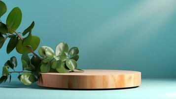 AI generated 3d rendered wooden empty display podium with leaves Minimal scene for product display presentation photo