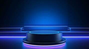 AI generated 3d rendered empty display glass podium with blue lights Minimal scene for product display presentation photo