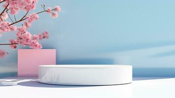 AI generated 3d rendered pastel empty display podium with flowers Minimal scene for product display presentation photo