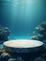 AI generated 3d rendered abstract empty display podium underwater made with stone Minimal scene for product display presentation photo