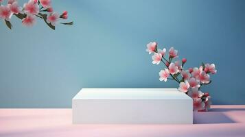 AI generated 3d rendered pastel empty display podium with flowers Minimal scene for product display presentation photo