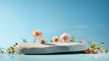 AI generated 3d rendered abstract empty display stone podium with flowers Minimal scene for product display presentation photo