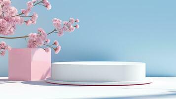 AI generated 3d rendered pastel empty display podium with flowers Minimal scene for product display presentation photo