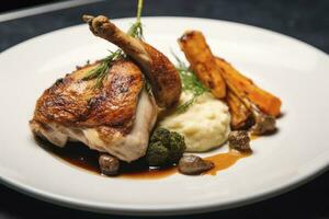 AI generated Plated chicken roast dinner on a white plate with carrot and morel mushroom. AI Generated. photo
