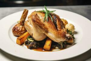 AI generated Plated chicken roast dinner on a white plate with carrot and morel mushroom. AI Generated. photo