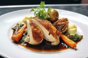 AI generated Plated chicken roast dinner on a white plate with carrot and morel mushroom. AI Generated. photo