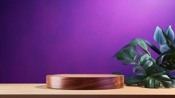 AI generated 3d rendered wooden empty display podium with leaves Minimal scene for product display presentation photo