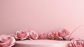 AI generated 3d rendered abstract empty display pink podium with flowers Minimal scene for product display presentation photo