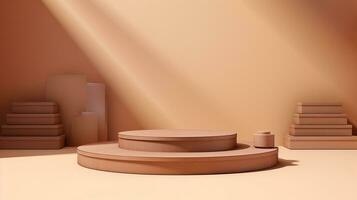 AI generated 3d rendered wooden empty display podium Minimal scene for product display presentation desert concept photo