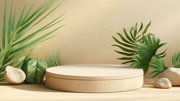 AI generated 3d rendered abstract empty display podium with leaves Minimal scene for product display presentation photo