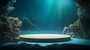 AI generated 3d rendered abstract empty display podium underwater made with stone Minimal scene for product display presentation photo