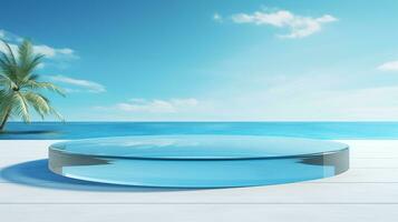 AI generated 3d rendered empty display glass podium in the water Minimal scene for product display presentation photo