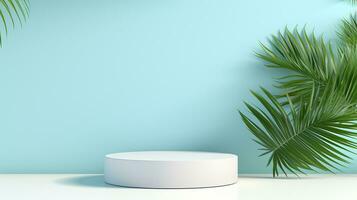 AI generated 3d rendered empty display podium with leaves Minimal scene for product display presentation photo
