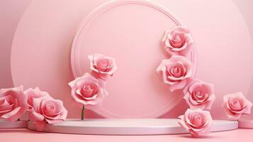 AI generated 3d rendered abstract empty display pink podium with flowers Minimal scene for product display presentation photo