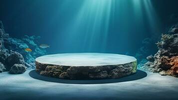 AI generated 3d rendered abstract empty display podium underwater made with stone Minimal scene for product display presentation photo