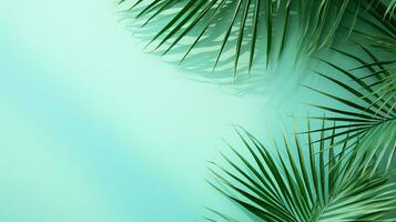 AI generated top view of palm leaves on blue background copy space, Tropical palm leaves from above - flat lay photo