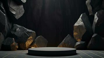 AI generated 3d rendered black empty Luxury natural stone podium for showing packaging and product on black background, copy space photo