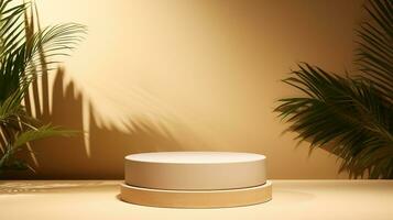 AI generated 3d rendered wooden empty display podium with leaves Minimal scene for product display presentation photo