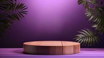 AI generated 3d rendered wooden empty display podium with leaves Minimal scene for product display presentation photo