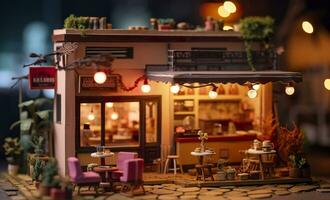 AI generated A charming and cozy coffee shop Set beside a busy highway with Warm and golden sunset light, and a Picturesque sunset view with vibrant colors. AI Generative photo