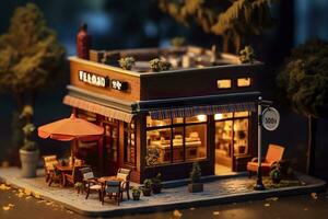 AI generated A charming and cozy coffee shop Set beside a busy highway with Warm and golden sunset light, and a Picturesque sunset view with vibrant colors. AI Generative photo