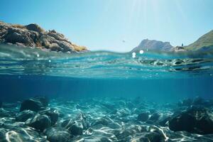 ai generado fondo del mar con limpiar transparente agua y Dom rayos generado por artificial inteligencia foto