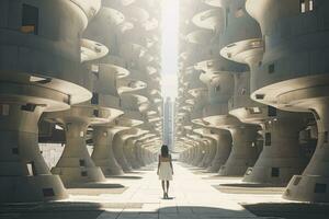 AI generated Woman walking in futuristic brutalist city street.  AI Generated. photo