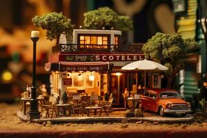 AI generated A charming and cozy coffee shop Set beside a busy highway with Warm and golden sunset light, and a Picturesque sunset view with vibrant colors. AI Generative photo