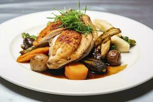 AI generated Plated chicken roast dinner on a white plate with carrot and morel mushroom. AI Generated. photo