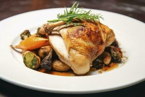 AI generated Plated chicken roast dinner on a white plate with carrot and morel mushroom. AI Generated. photo